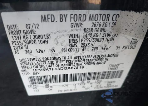 2013 Ford Explorer Limited z USA, uszkodzony, nr VIN 1FM5K7F93DGA87819